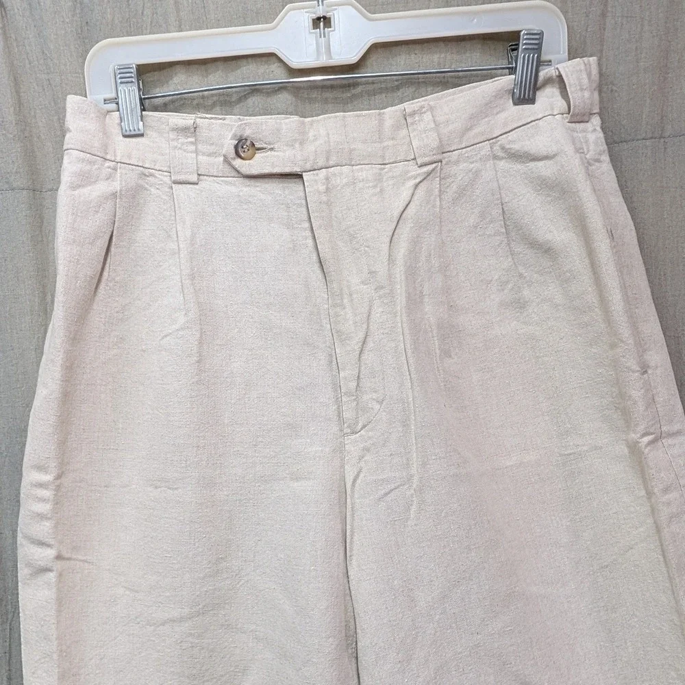 Perry Ellis Mens Linen Cotton Blend Pleated Cuffed Trousers Beige 32x32